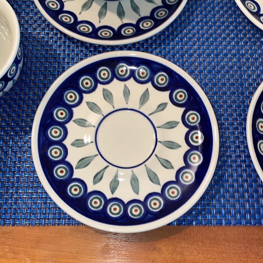 8 piece set Polish Pottery cups and saucers, Boleslawiec, Peacock pattern - Picture 3 of 6